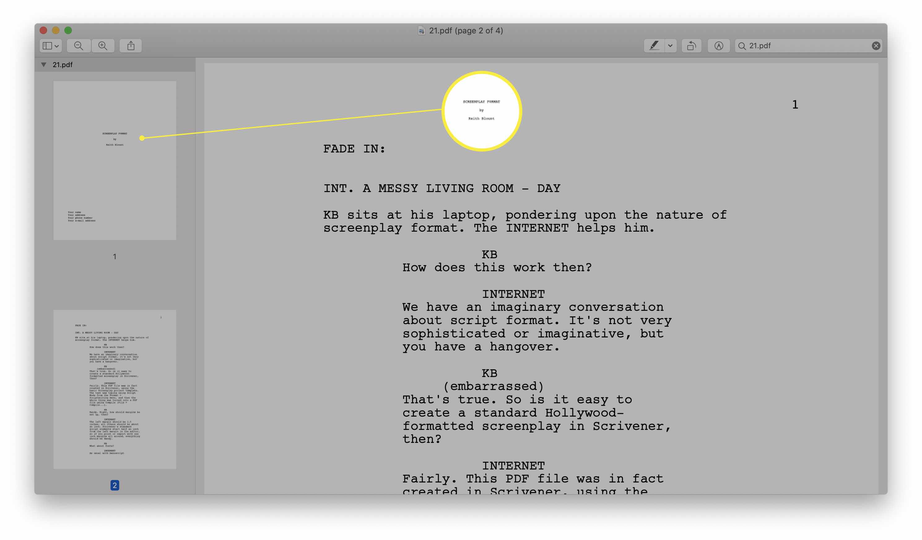 MacOS-esikatselu, jossa PDF-sivun pikkukuva korostettuna