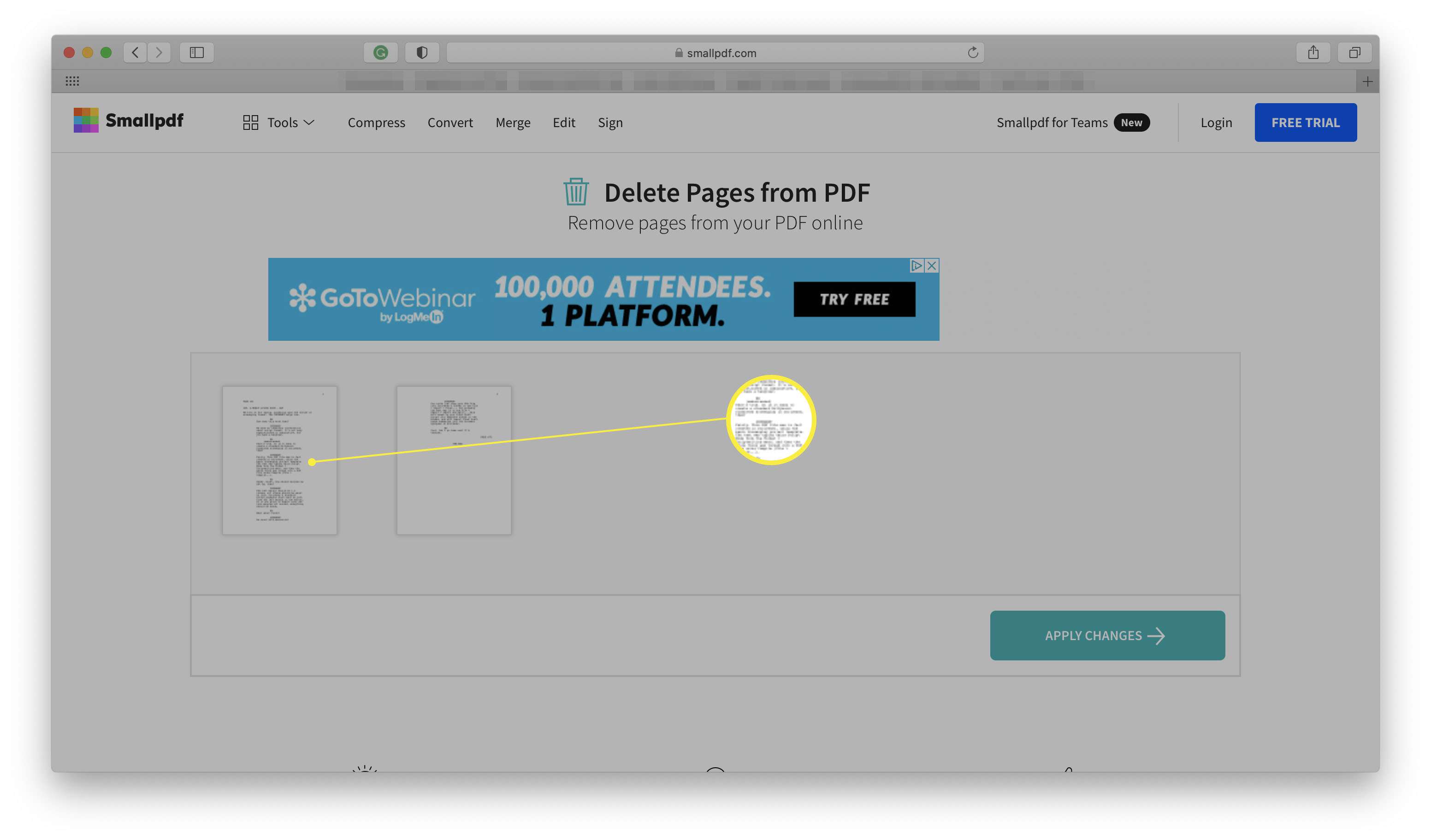 Smallpdf-verkkosivusto, jossa PDF-tiedoston pikkukuvat korostettuina