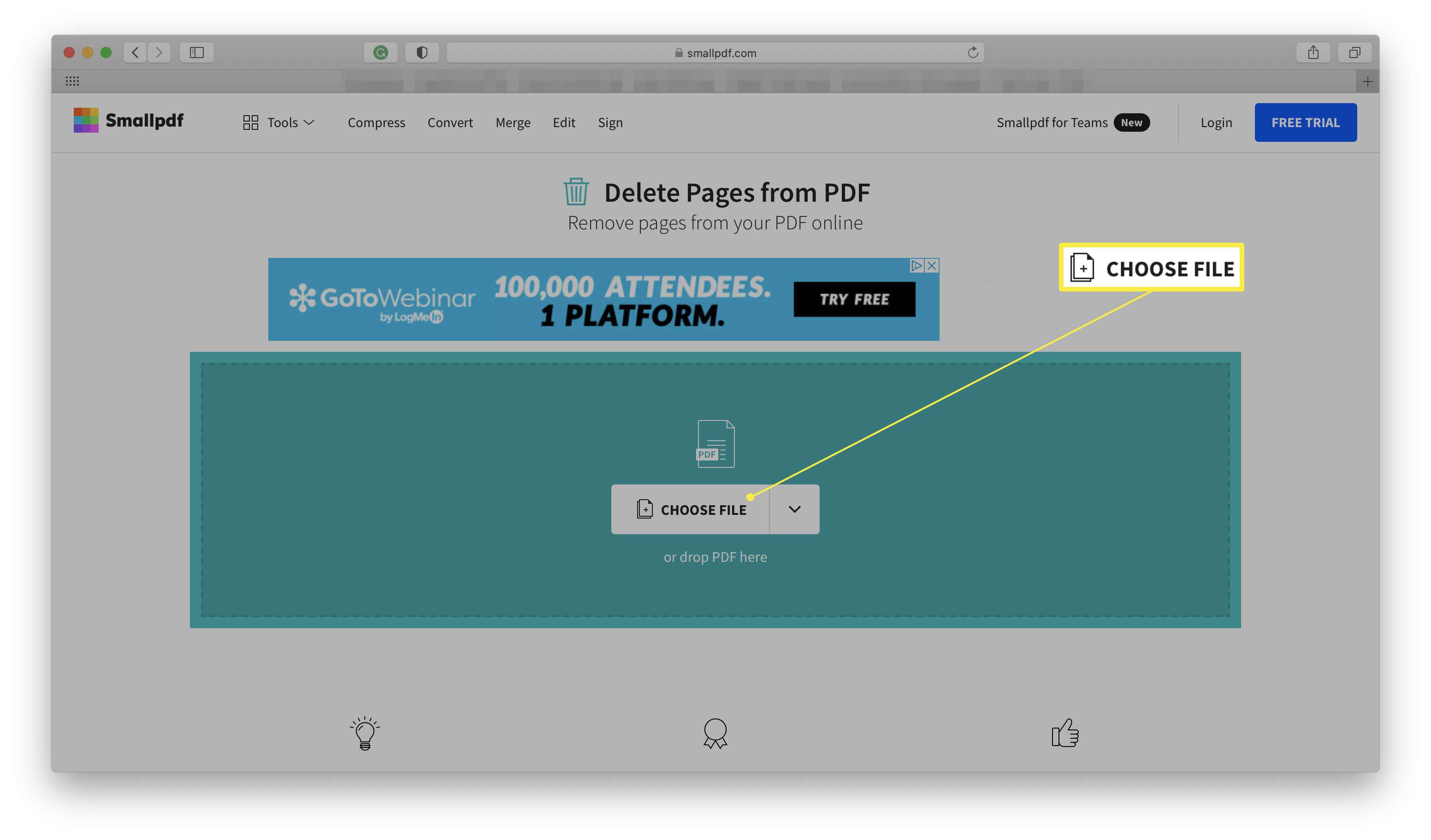 Smallpdf-sivusto, jossa Valitse tiedosto korostettuna