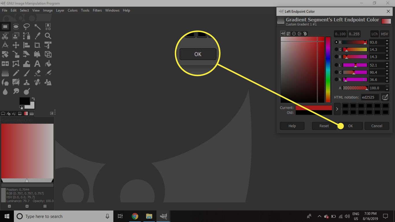 Kuvakaappaus Left Endpoint Color -ikkunasta GIMPissä, jossa OK-painike on korostettuna