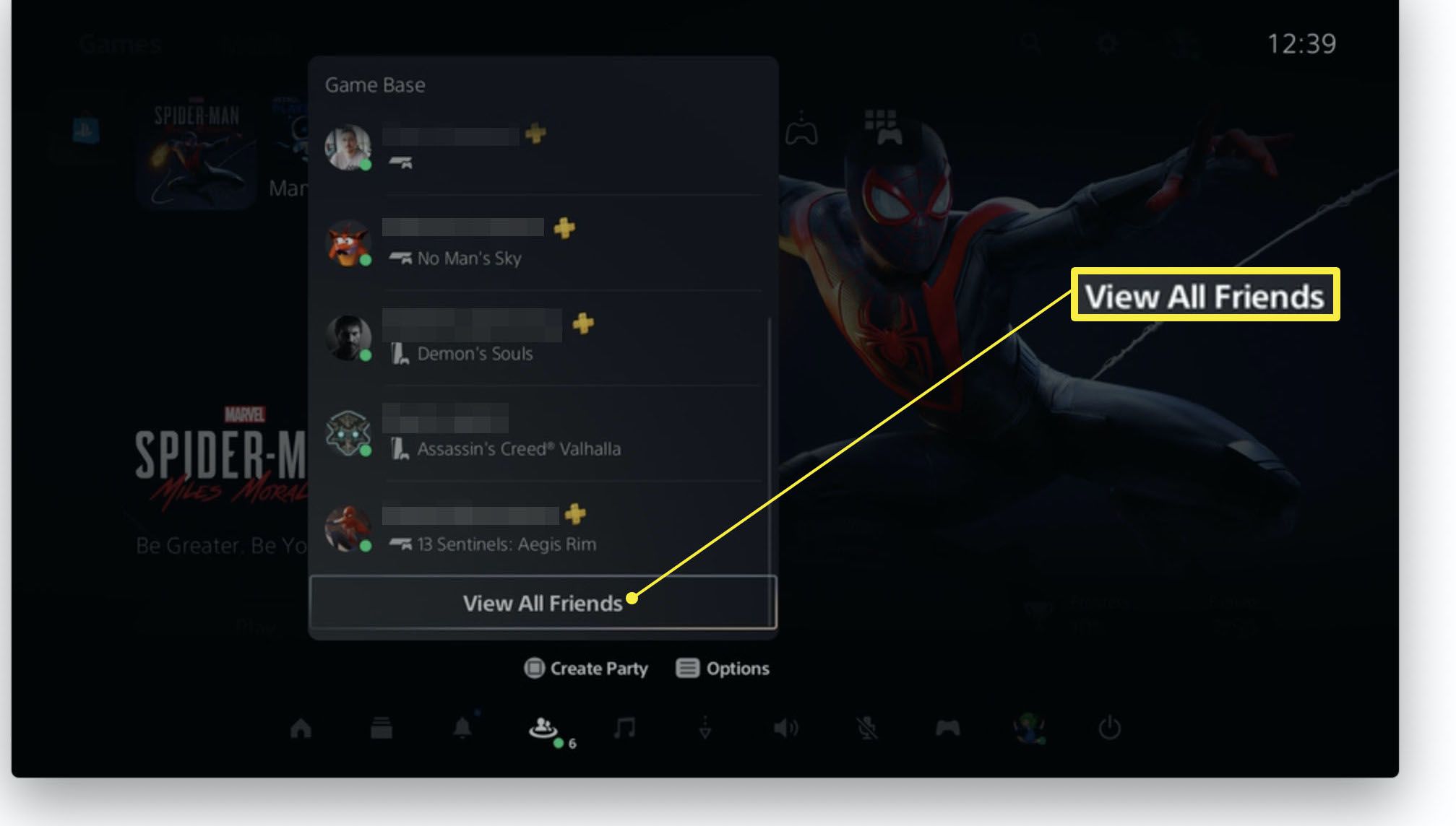 PlayStation 5 -ystäväluettelo ja Näytä kaikki ystävät korostettuna
