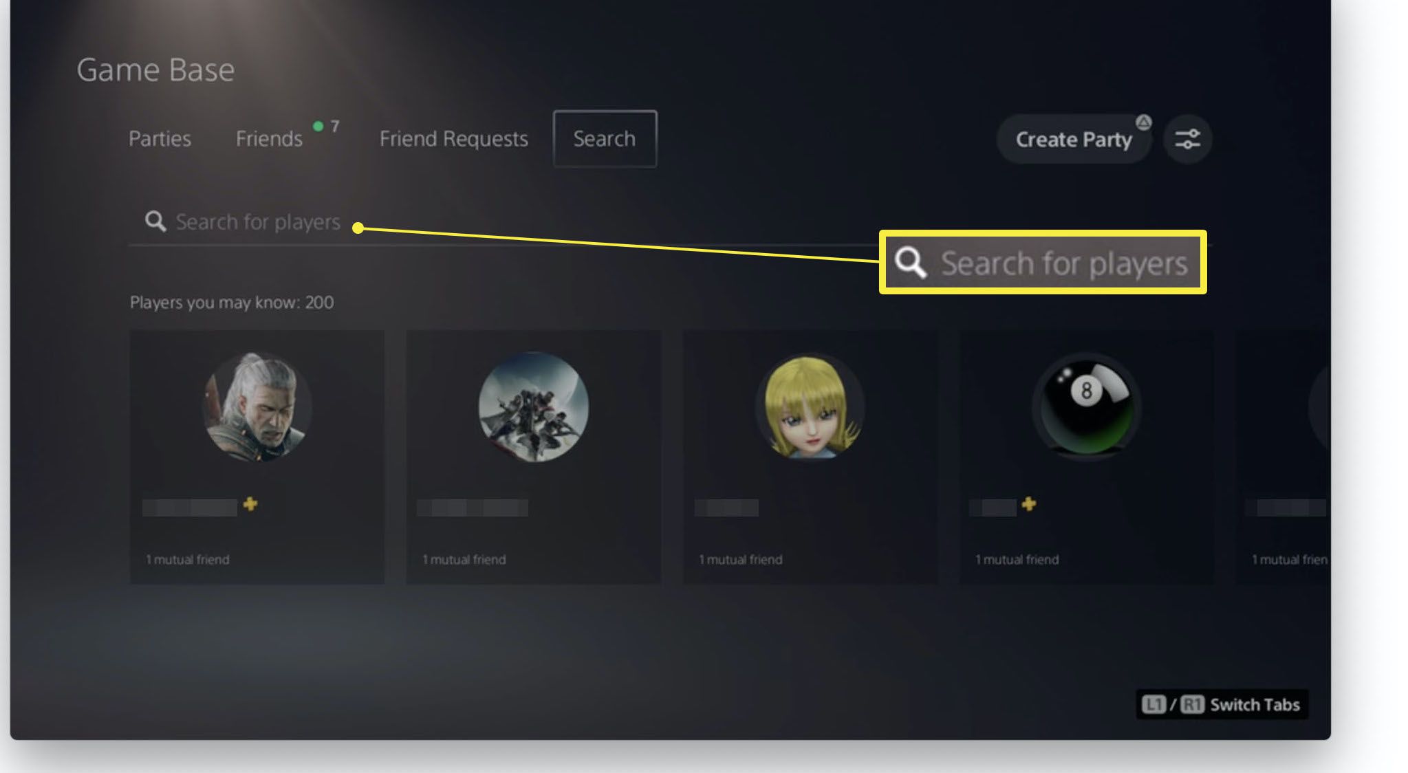 PlayStation 5 Game Base, jossa Player Search korostettuna