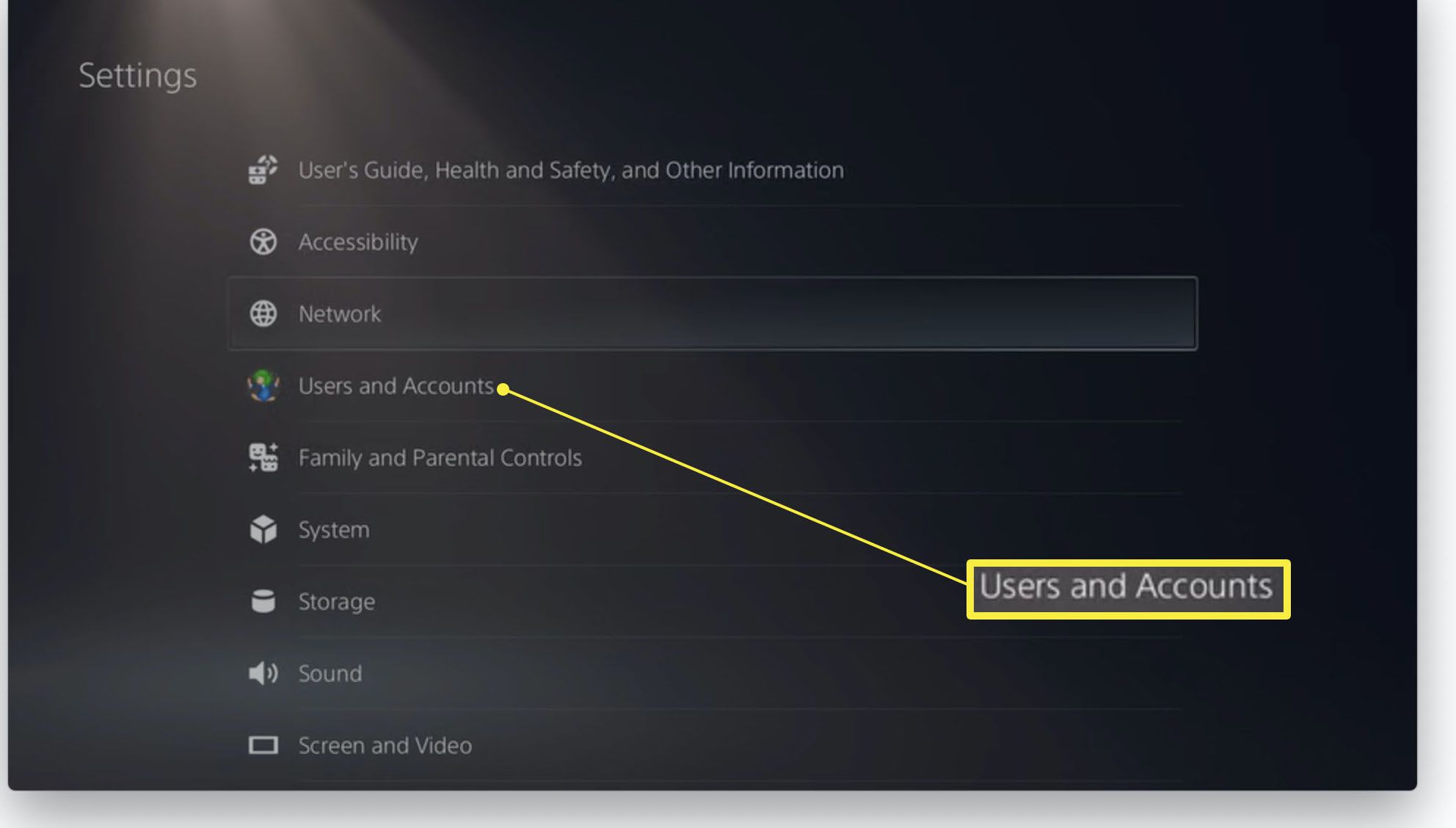 PlayStation 5:n asetukset käyttäjät ja tilit korostettuina