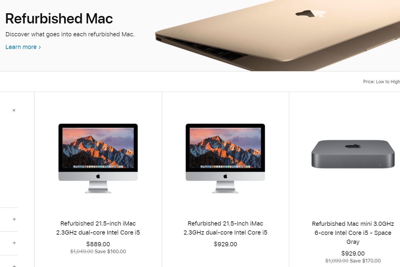 Kuvakaappaus Apple Certified Refurbished Storesta, jossa näkyy myytäviä Mac-malleja