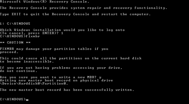 Windows XP:n palautuskonsolin fixmbr-komento