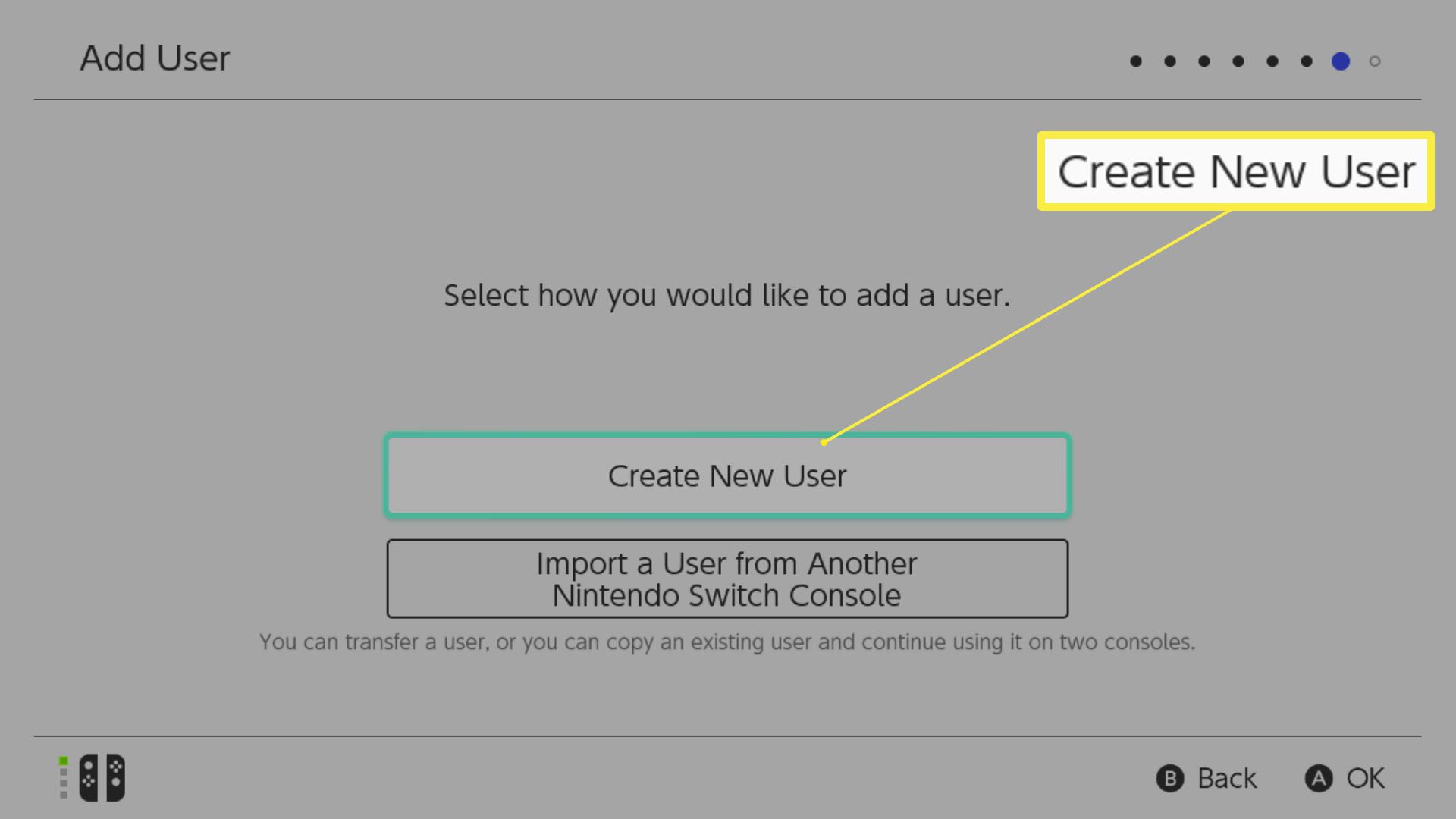 Nintendo Switch -asennus ja Luo uusi käyttäjä korostettuna