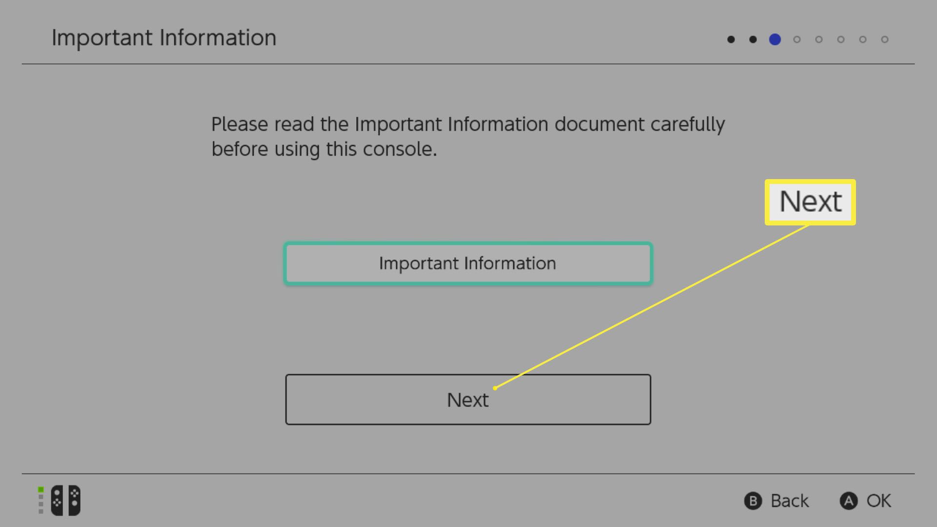 Nintendo Switch -ohjauspaneeli, jossa Seuraava on korostettu Tärkeät tiedot -kohdassa
