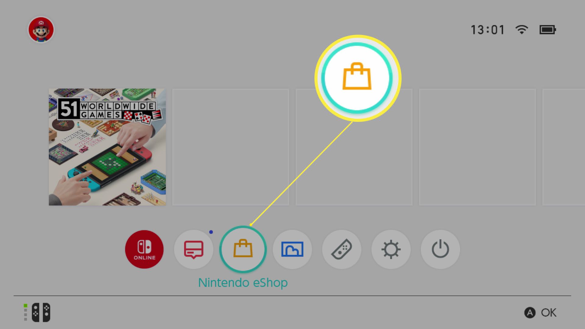 Nintendo Switch -aloitusnäyttö, jossa Nintendo eShop on korostettuna