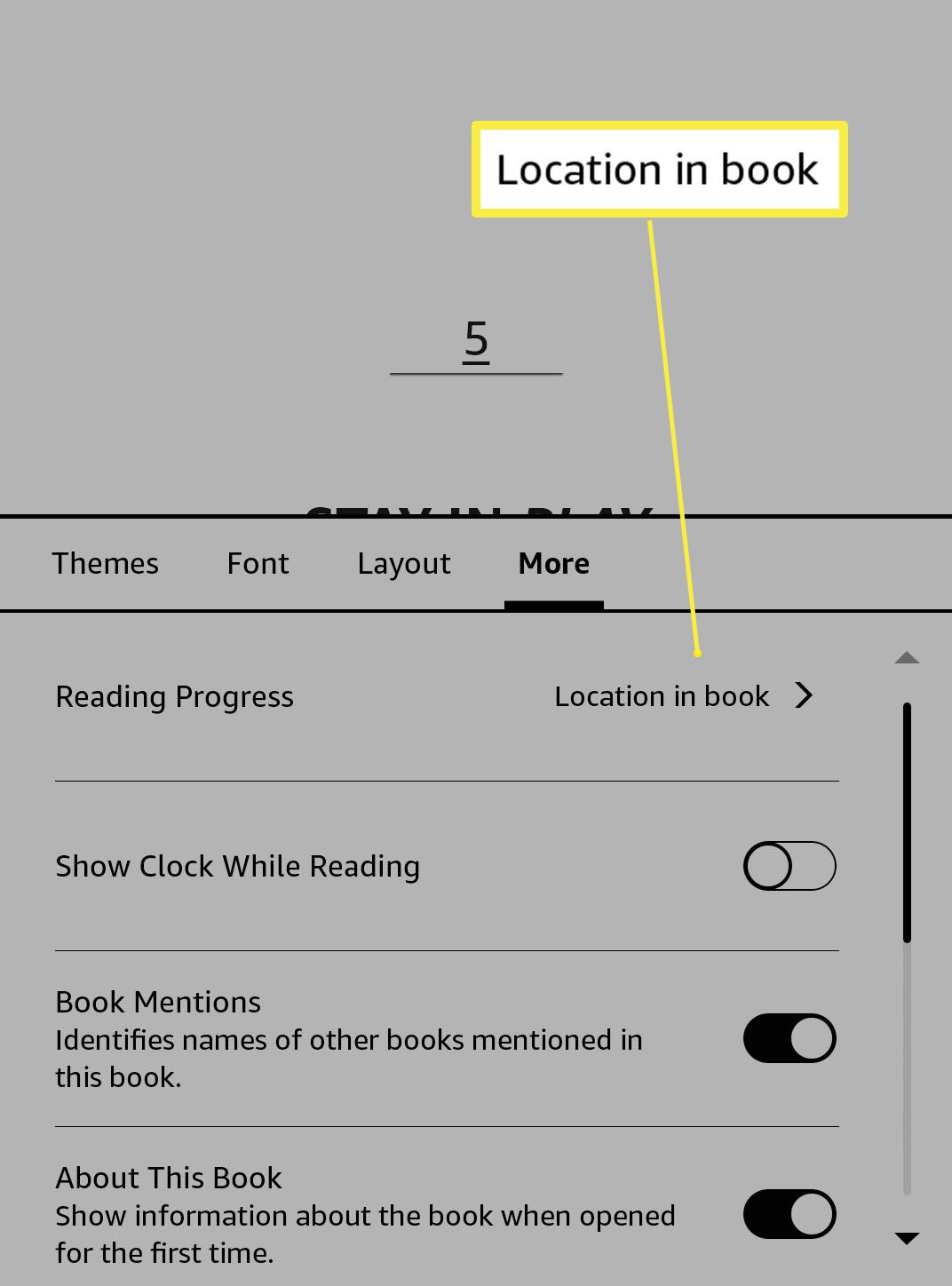 Kindle, jossa Location in Book on korostettu Asetukset-kohdassa.