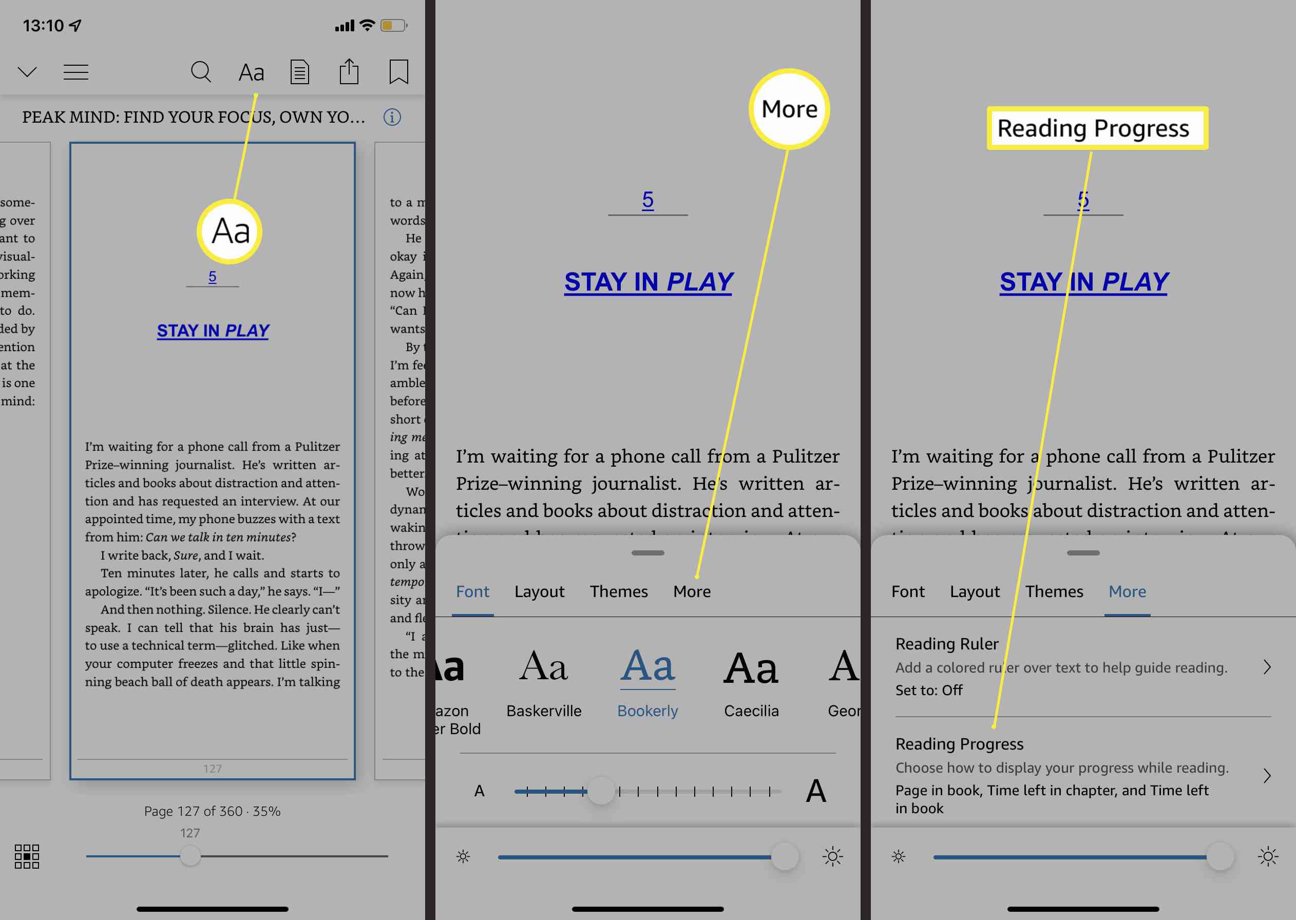 Kindle-sovellus, jossa on korostetut vaihtoehdot lukemisen edistymisen muuttamiseen.