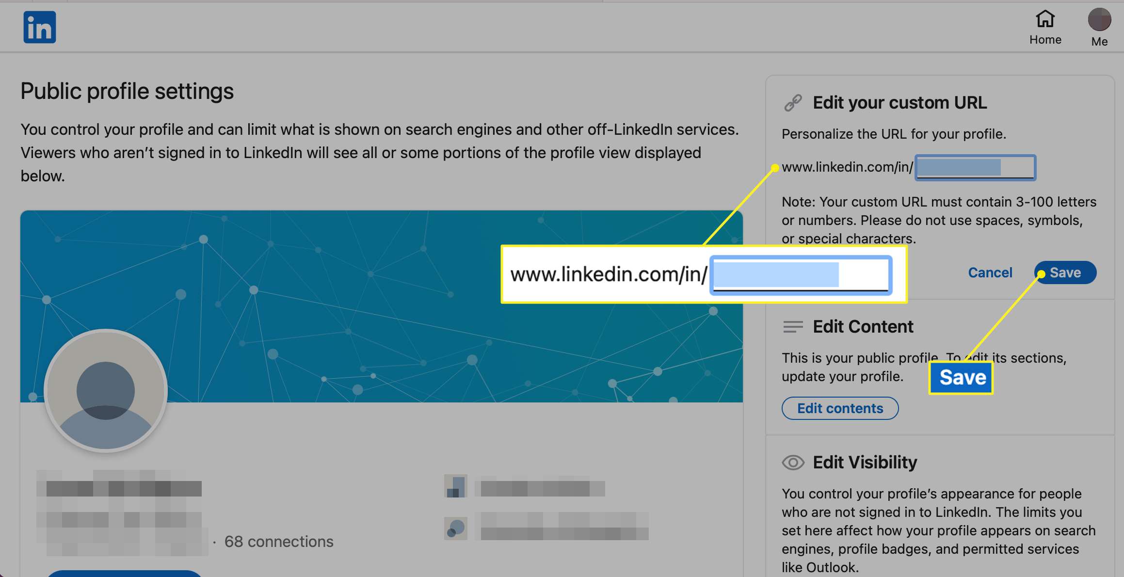 Muokkaa mukautettua URL-osiota LinkedInissä