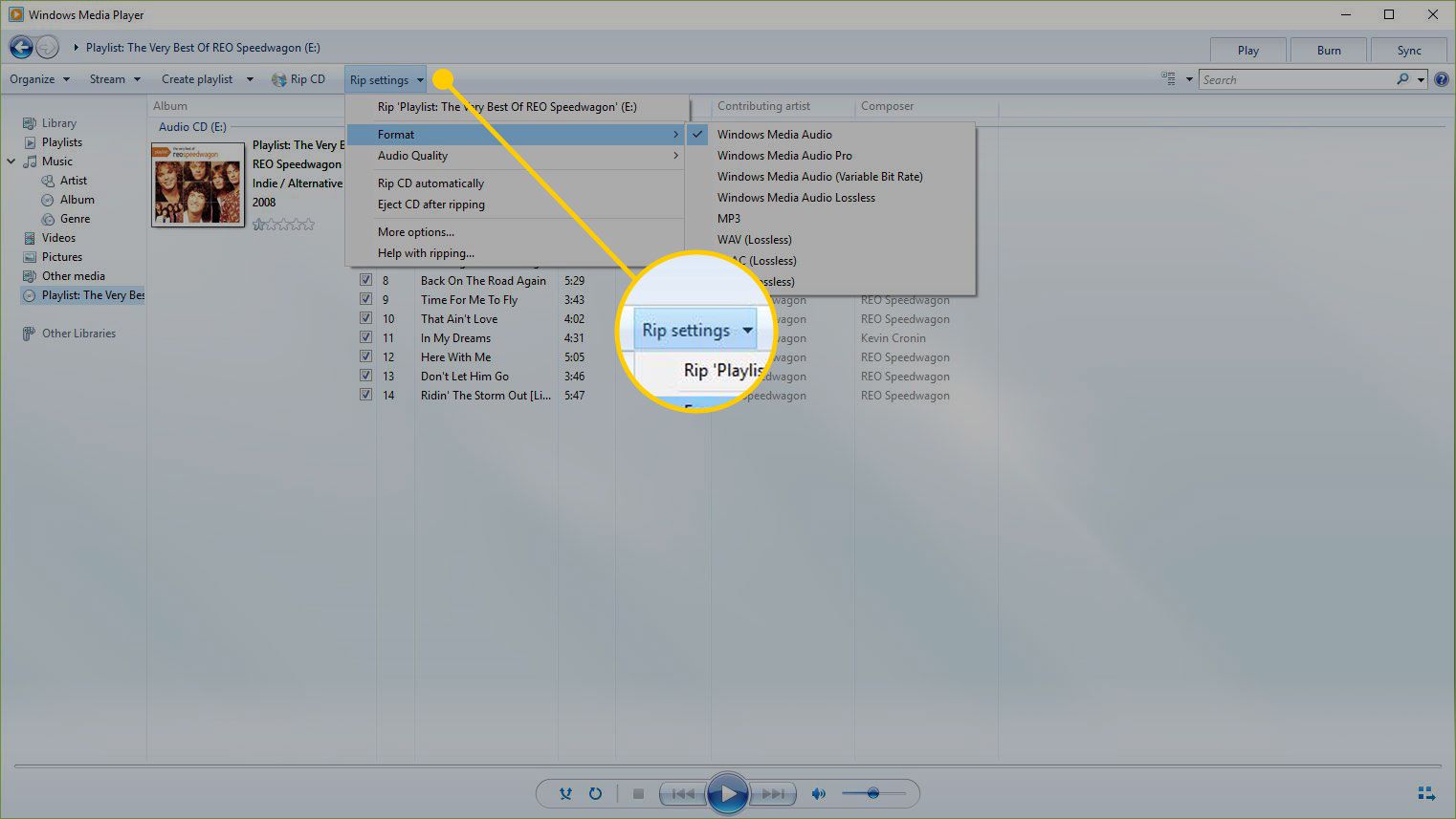 Windows Media Player, jossa Rip Settings -valikko on korostettuna