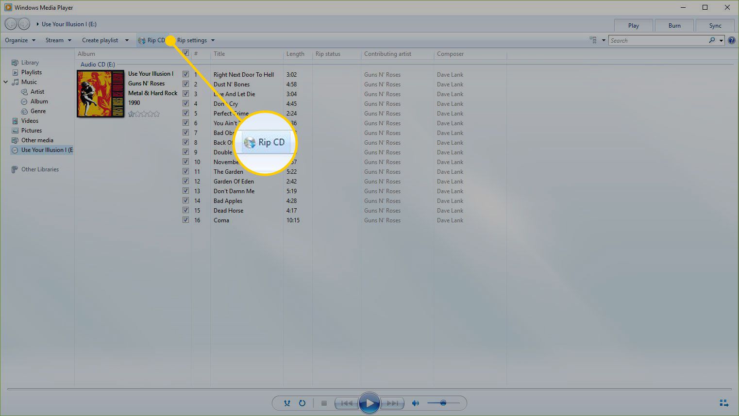 Windows Media Player, jossa on Rip CD -painike korostettuna