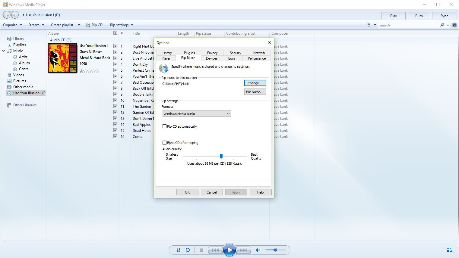 Lisää vaihtoehtoja Windows Media Playerin kopiointiasetuksissa