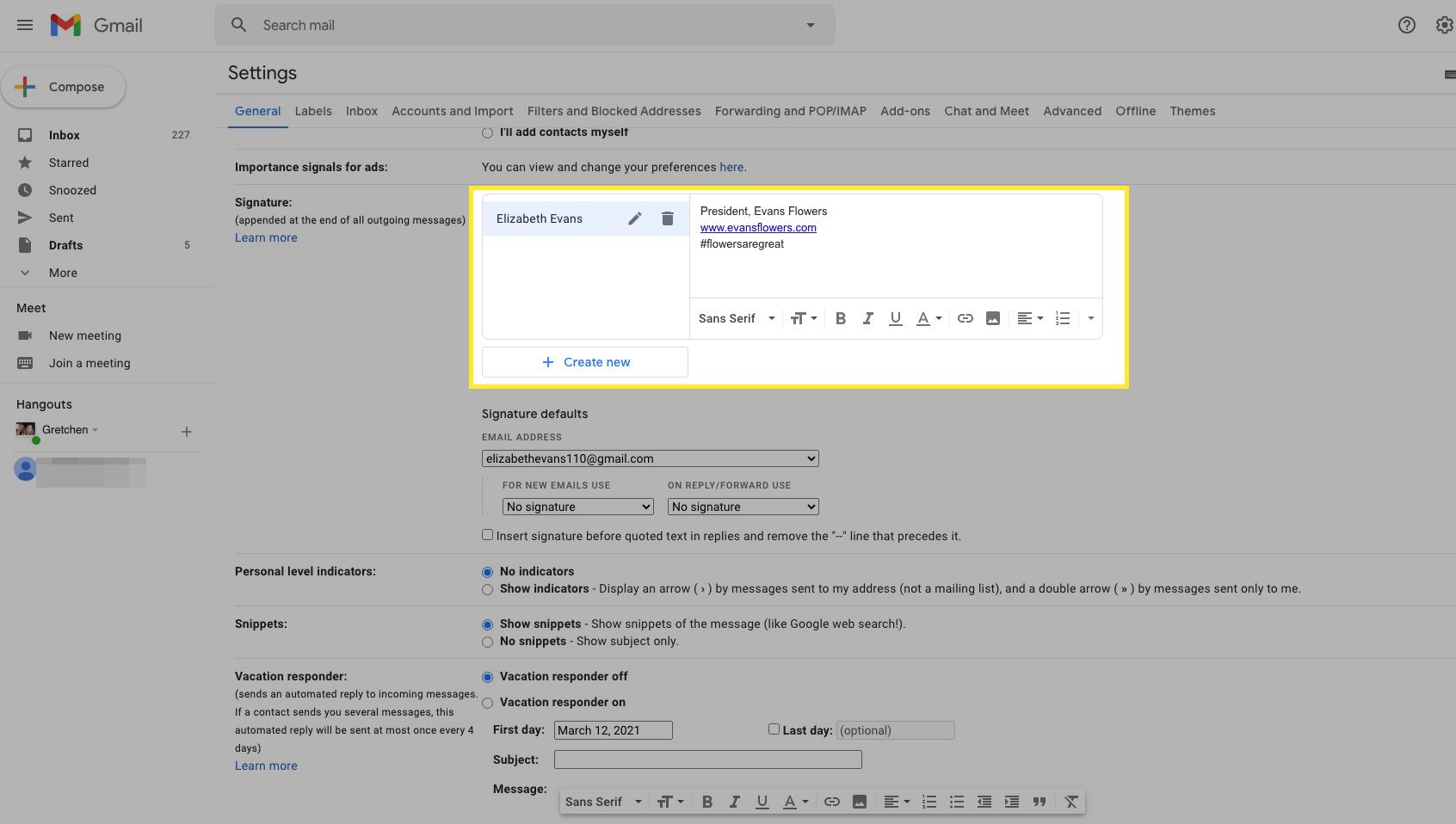 Gmail-allekirjoitusruutu korostettuna