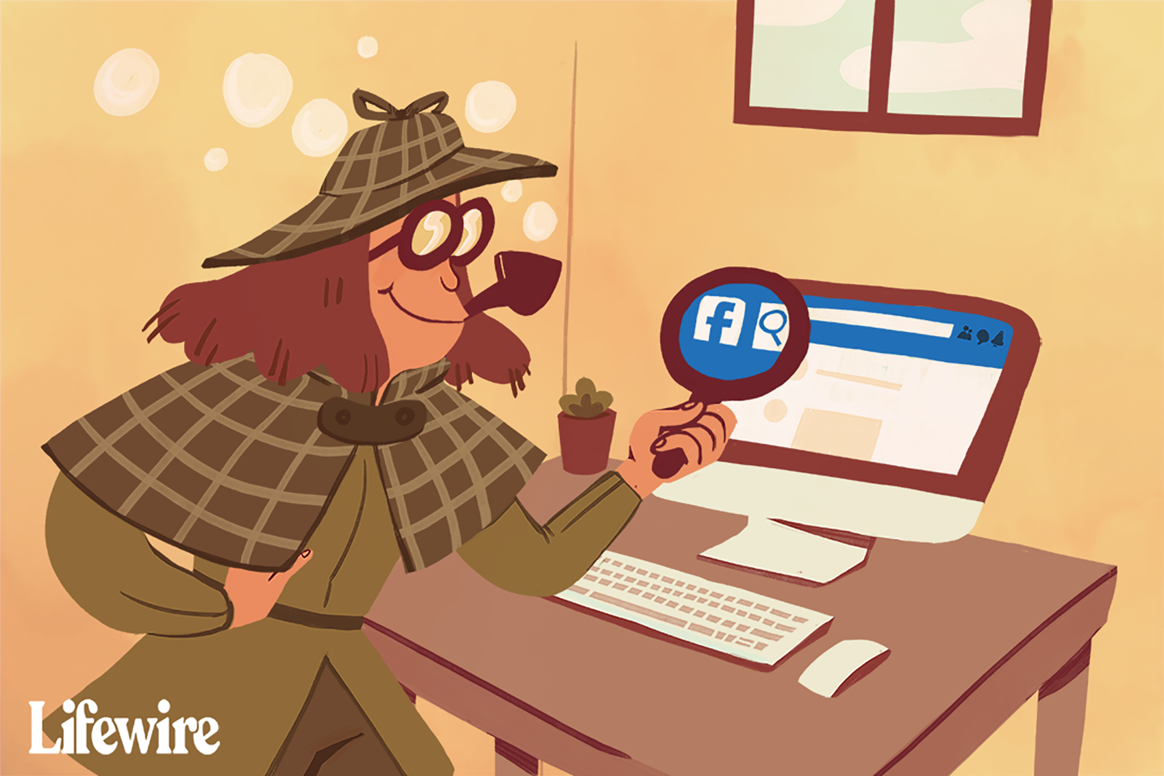 Kuva Sherlock Holmesiksi pukeutuneesta henkilöstä suurennuslasilla Facebook-sivun edessä tietokoneella