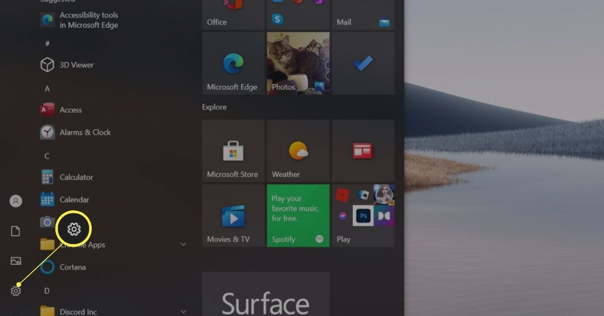 Asetukset Microsoft Surface -tietokoneen aloitusvalikossa.