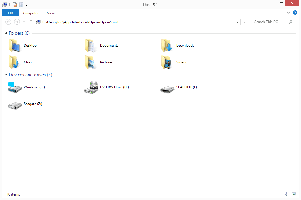 Opera Mail -kansio Windowsin Resurssienhallinnassa