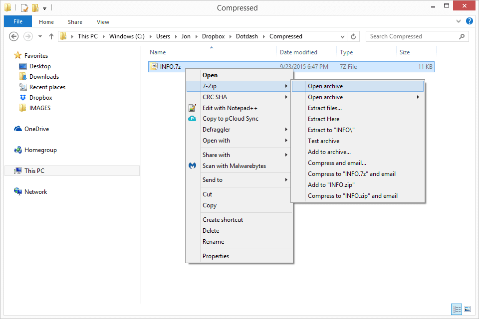 7-zip-kontekstivalikon asetukset