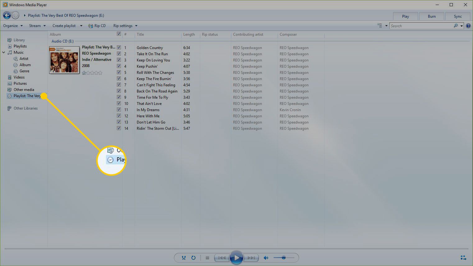 Windows Media Player, jossa ääni-CD on korostettuna