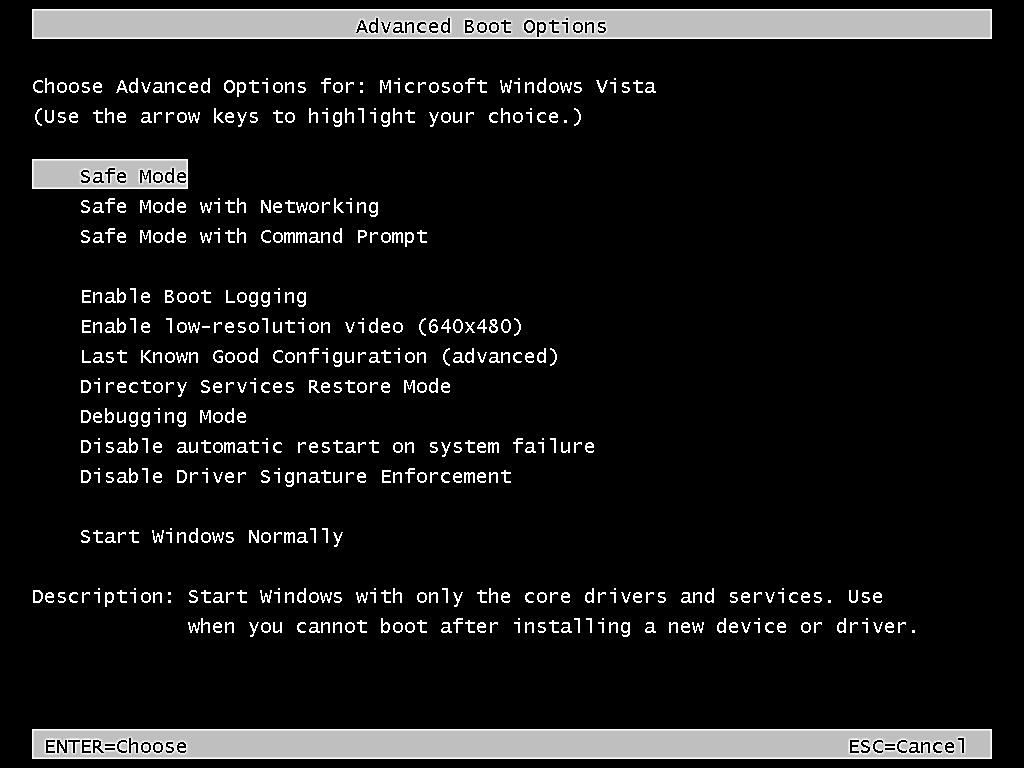 Näyttökuva Windows Vistan käynnistyksen lisäasetuksista
