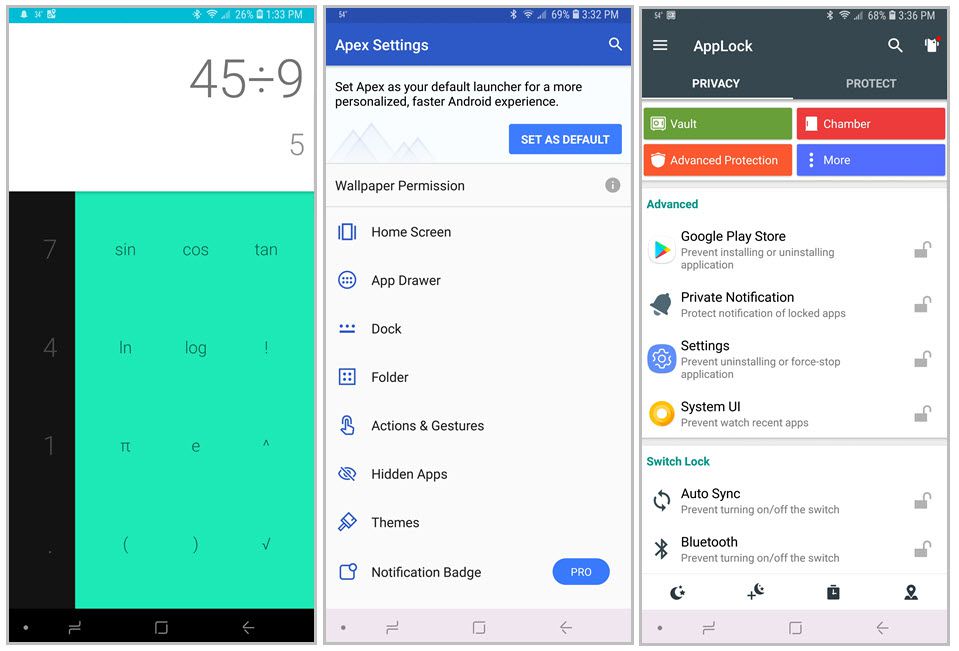 Sarja kuvakaappauksia Calculator Vault-, Apex Launcher- ja AppLock-sovelluksista.
