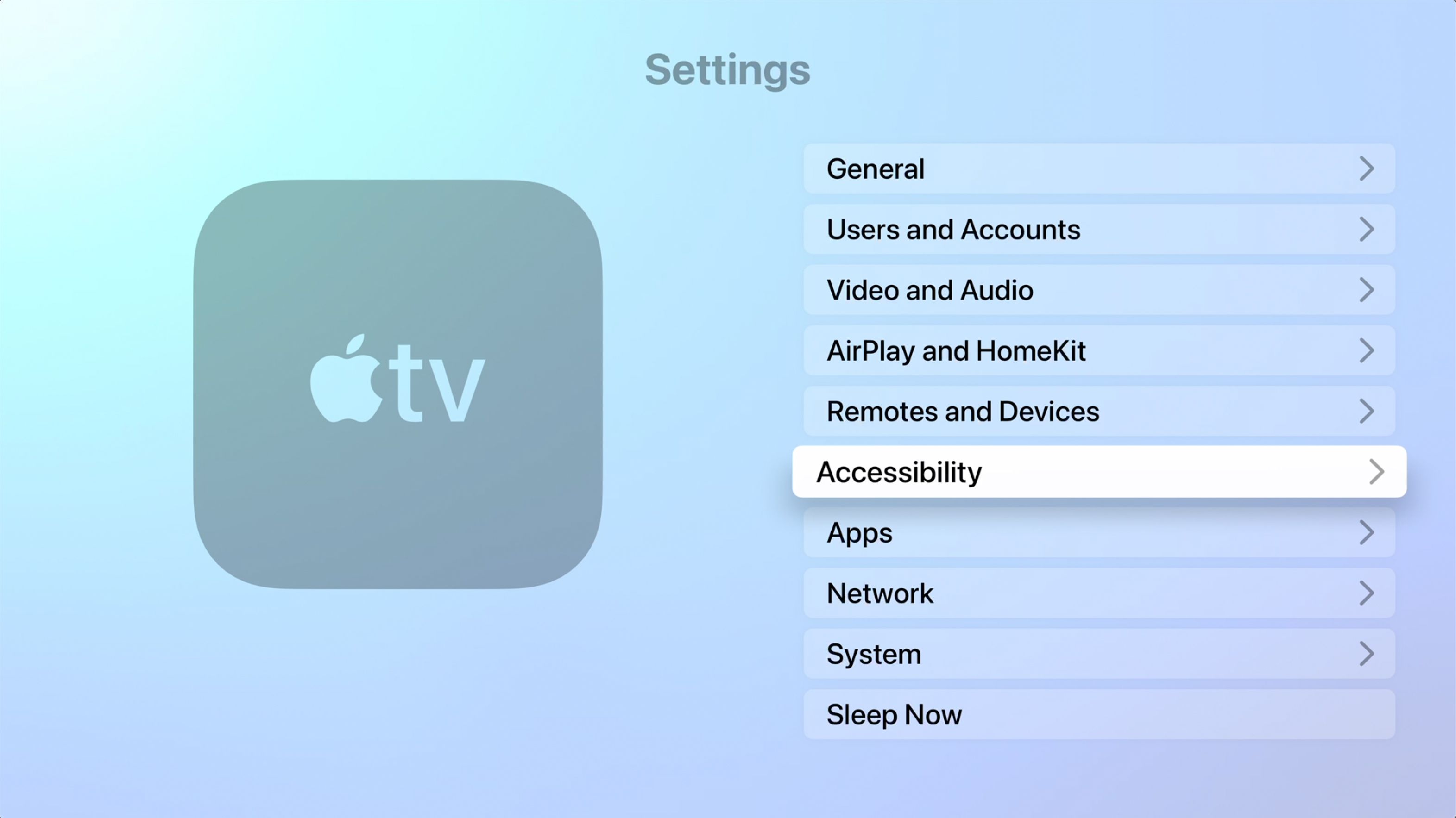 Kuvakaappaus Apple TV:n Asetukset-sovelluksesta, jossa Esteettömyysvalikko on valittuna