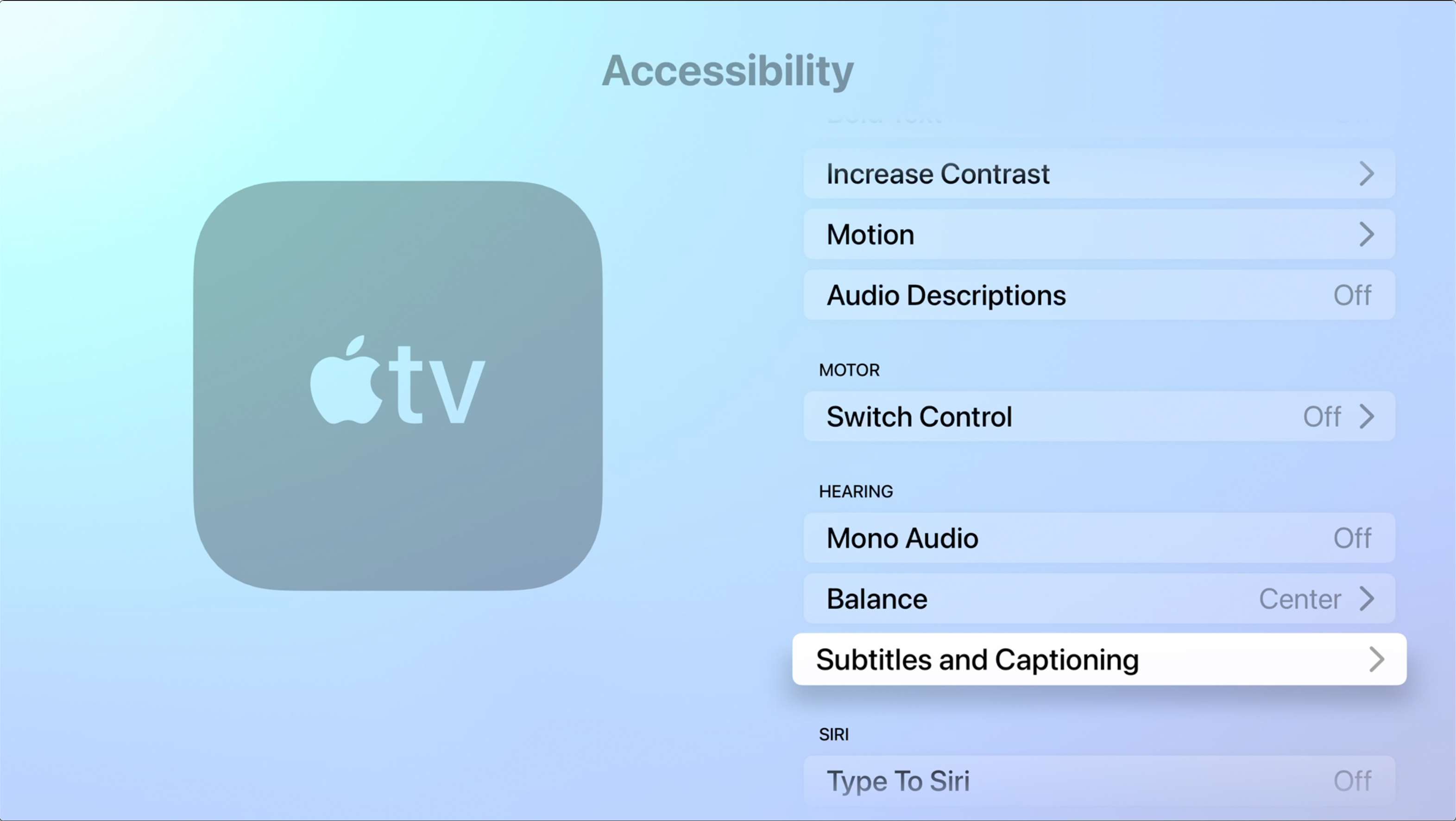 Näyttökuva Apple TV:n asetuksista, joissa tekstitys ja tekstitysvalikko on valittu