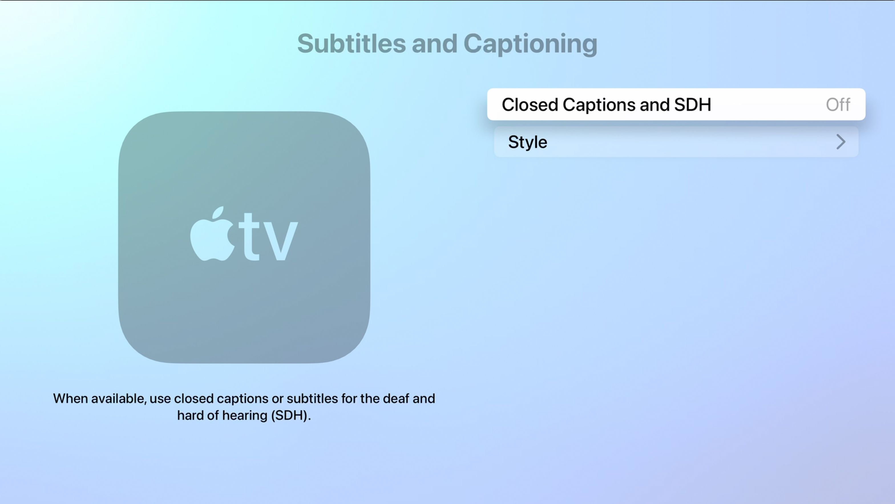 Kuvakaappaus Apple TV:n tekstitysasetuksista ja SDH pois käytöstä