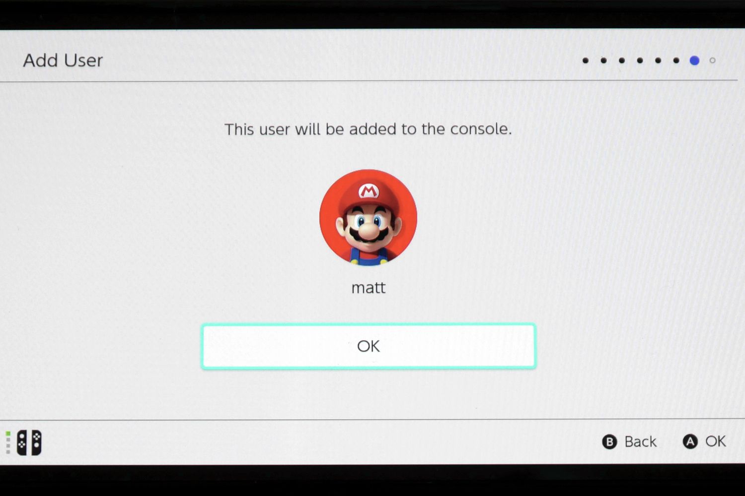 Nintendo Switch OLED -asetusten vahvistusnäyttö Lisää käyttäjä.