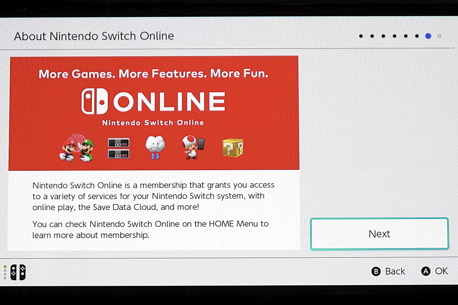 Nintendo Switch OLED -näyttö Tietoja Nintendo Switch Onlinesta.