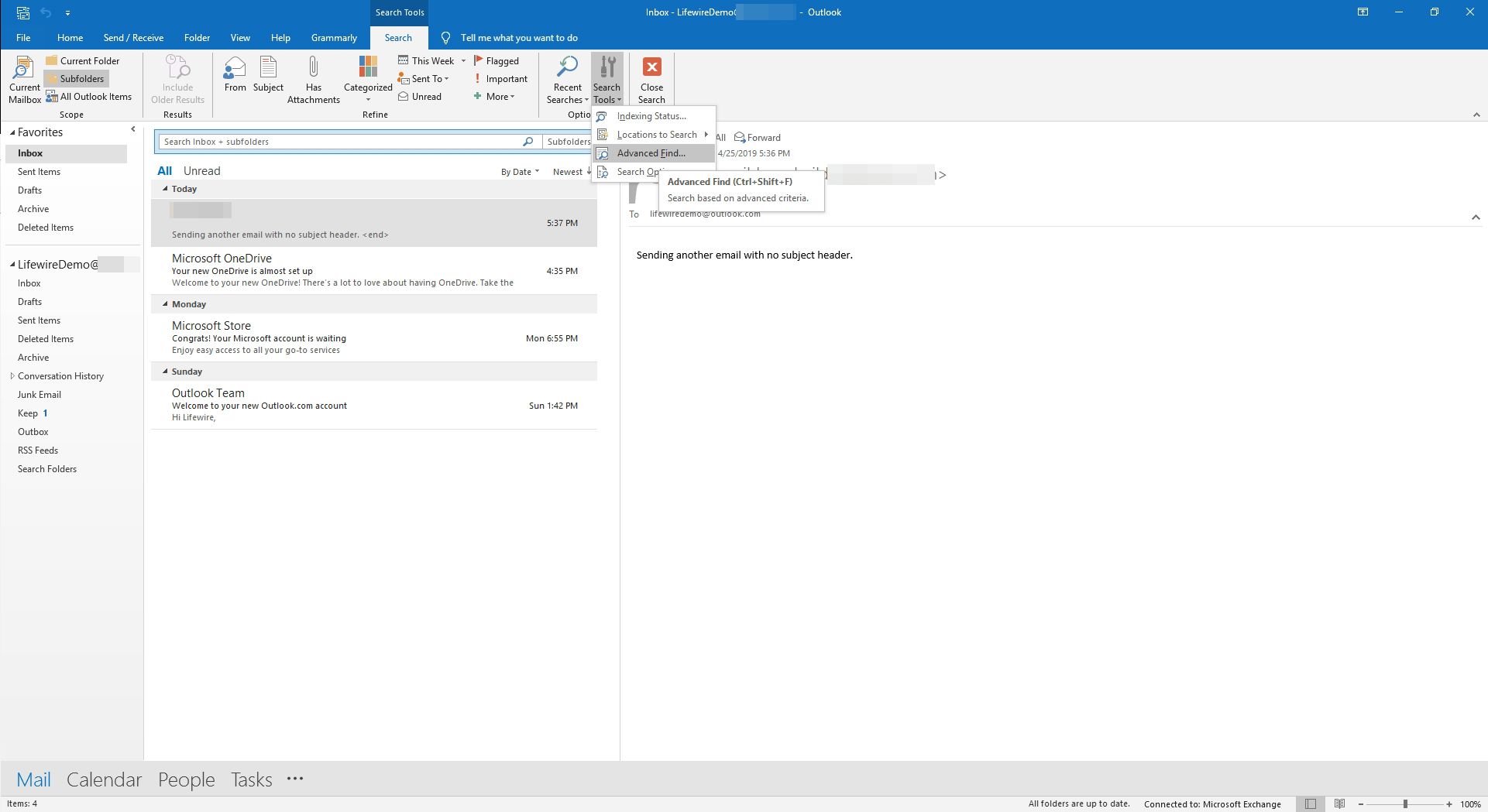 Avaa edistynyt sähköpostin etsintä Outlookissa.