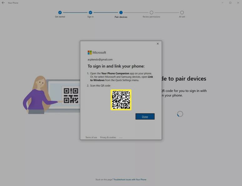 Microsoft Your Phone -sovellus, yhdistä QR-koodiin