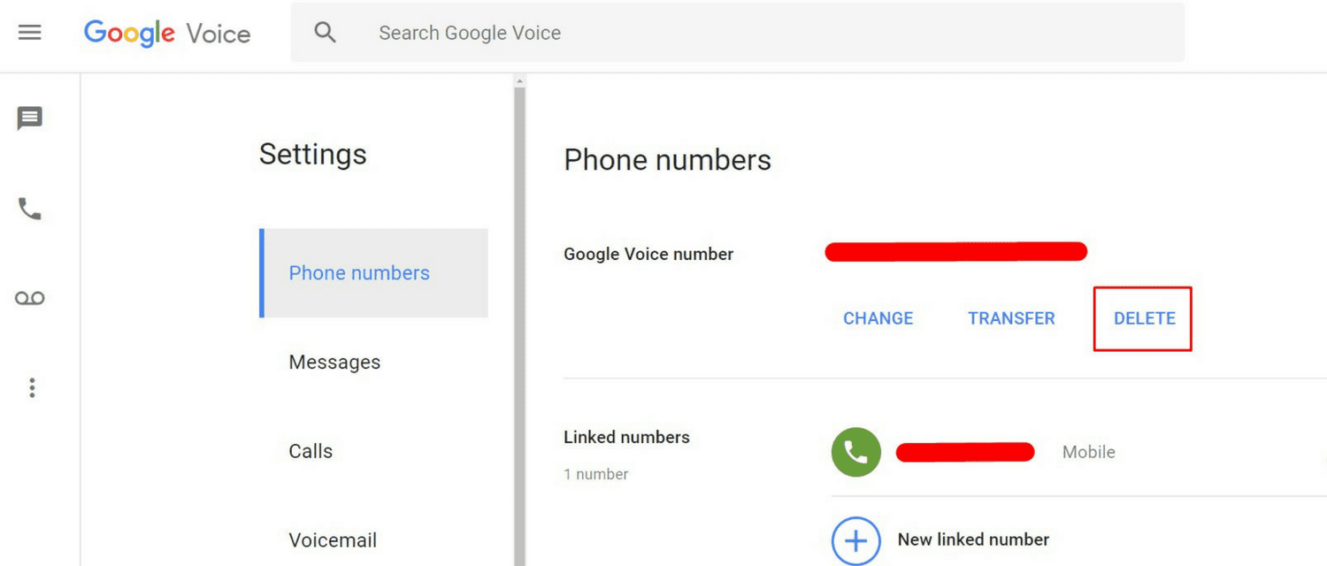 Poista-painike poistaaksesi puhelinnumeron Google Voice -kuvakaappauksesta