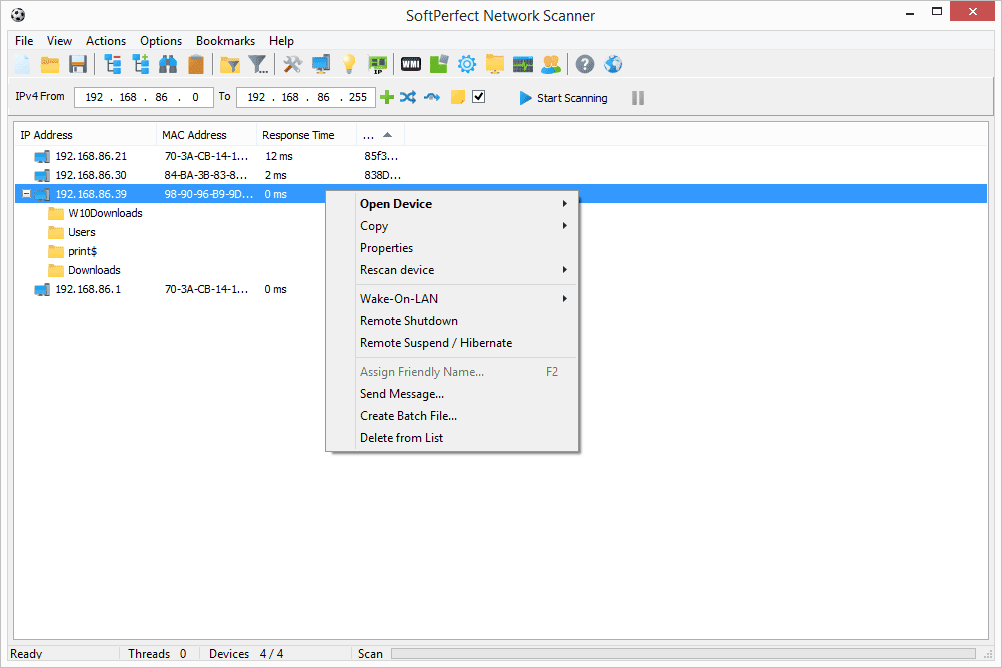 Laiteluettelo SoftPerfect Network Scanner