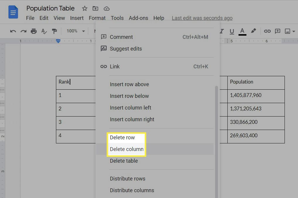 Vaihtoehdot sarakkeiden ja rivien poistamiseen Google Docs -taulukosta.