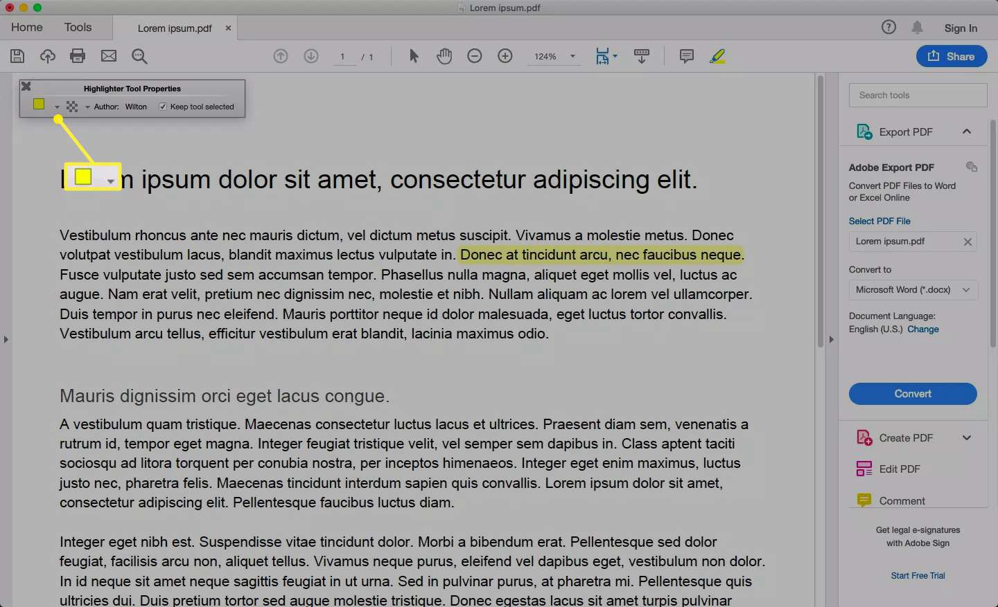 Acrobat Readerin ominaisuuspalkki, jossa värimalli ja nuoli korostettuina