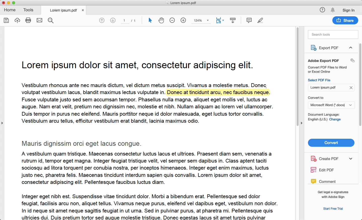 Acrobat Reader korostetulla tekstillä.