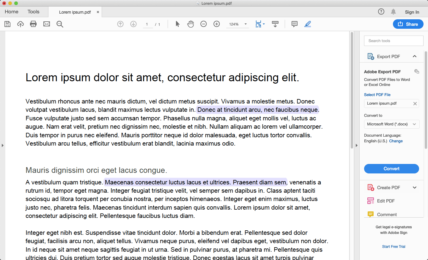 Acrobat Reader, jossa viimeinen merkki korostettuna.