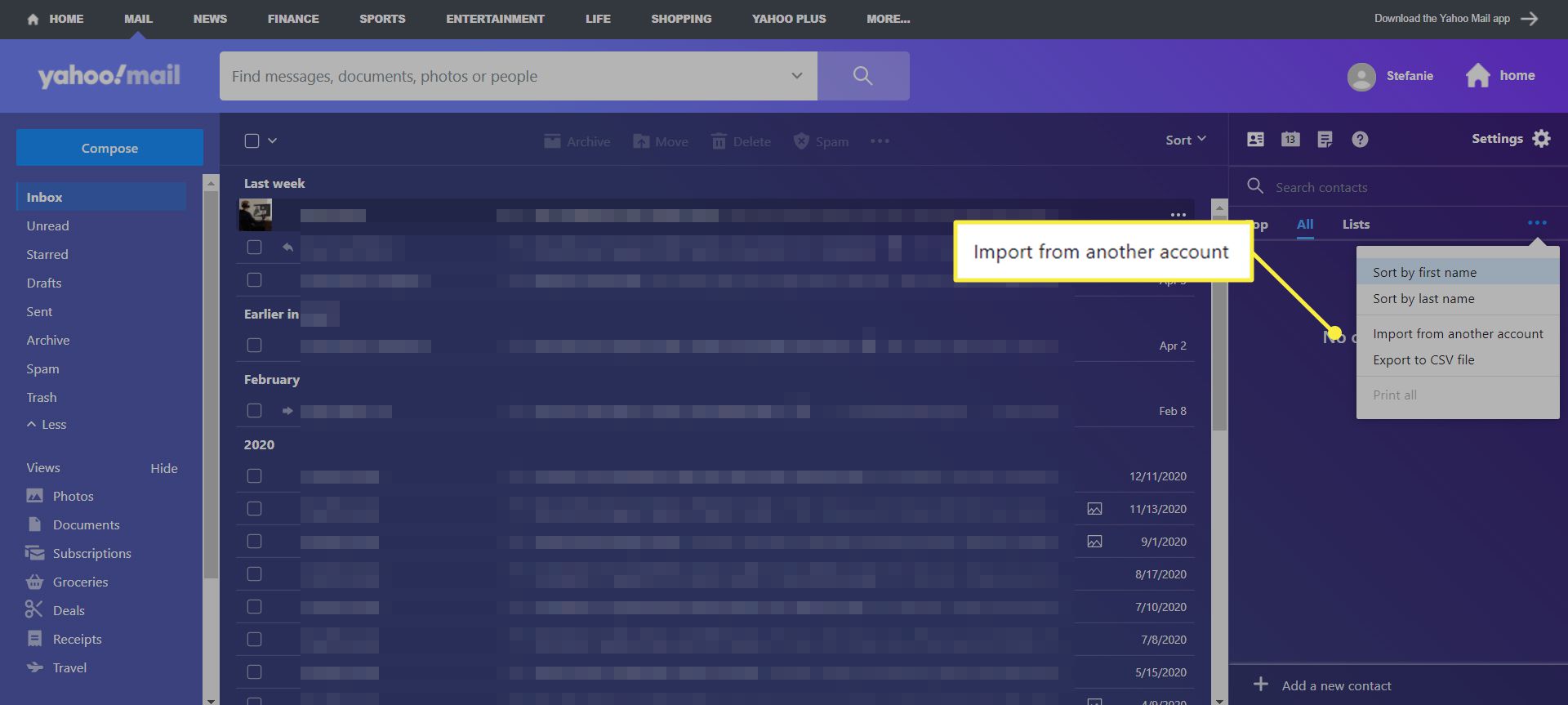 Yahoo Mail -yhteystiedot-valikko, jossa 