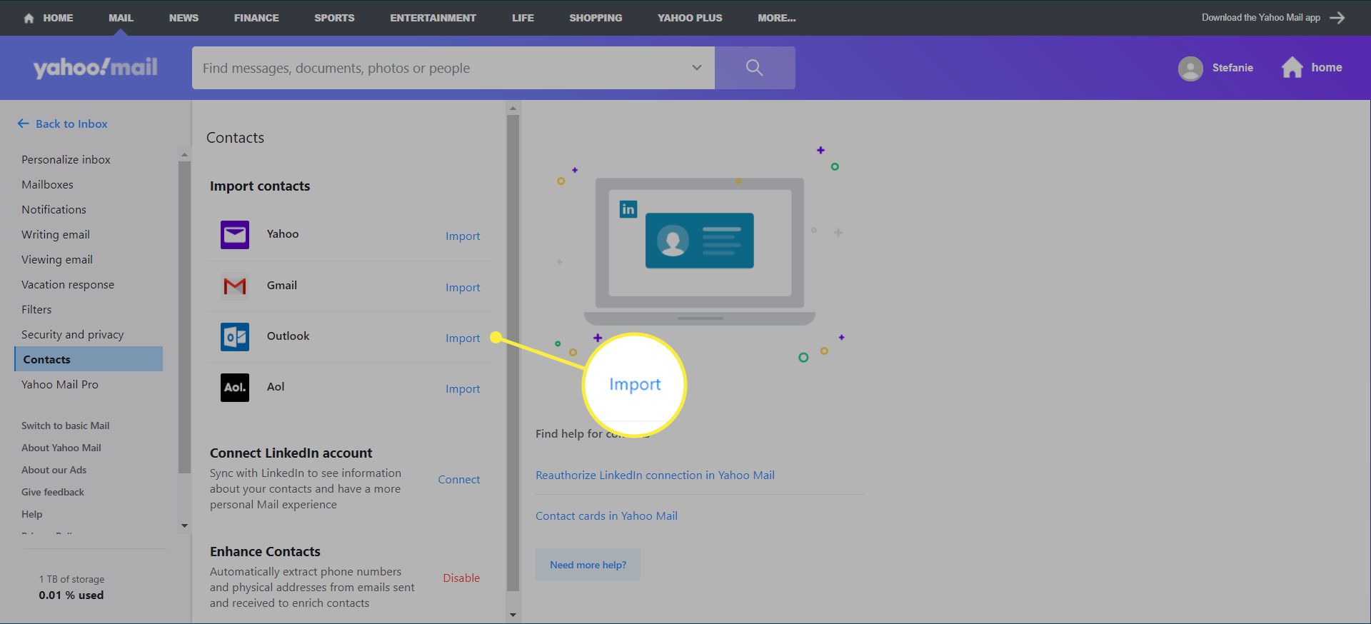 Yahoo Mail -yhteystietojen asetukset.  