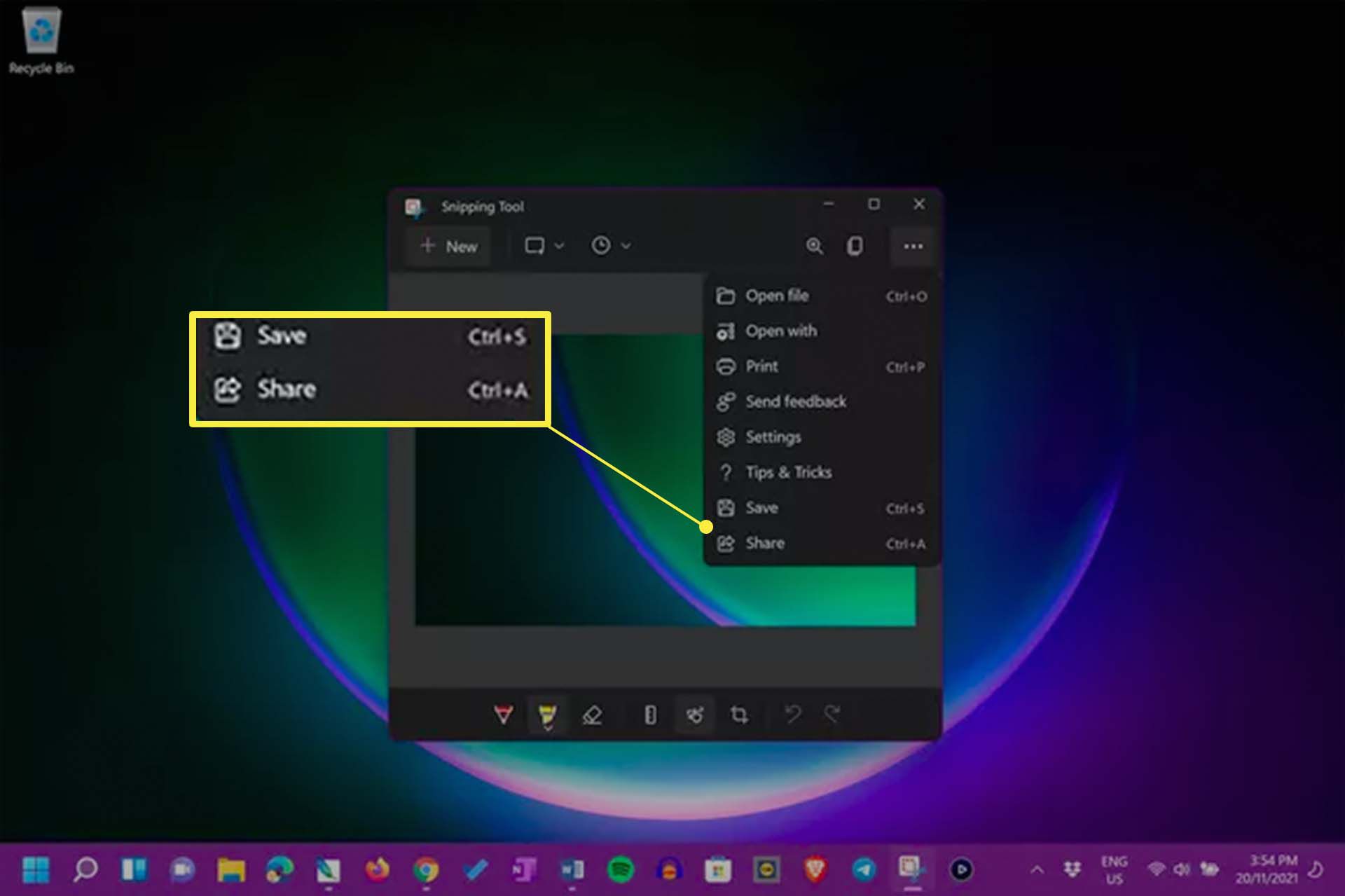 Windows 11 Snipping Tool -sovellus, jossa valikko on auki.
