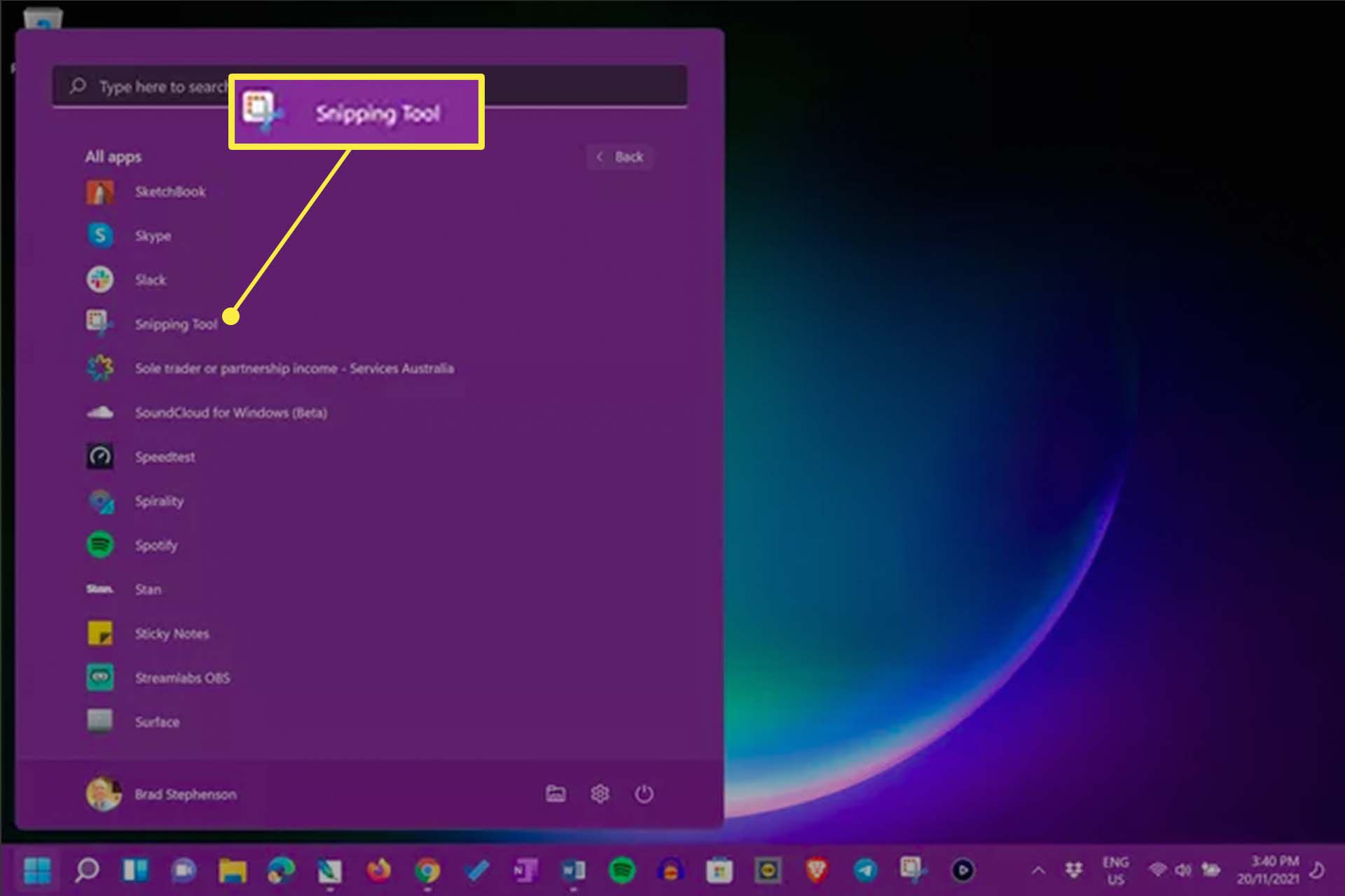 Windows 11:n Käynnistä-valikko avautuu Snipping Tool -sovelluksella korostettuna.
