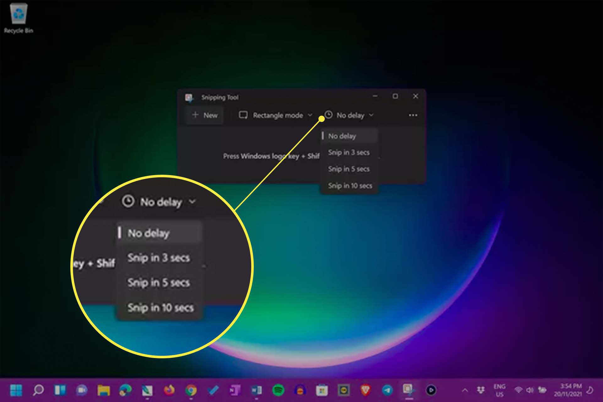 Windows 11 Snipping Toolin kuvakaappausajastimen asetukset.