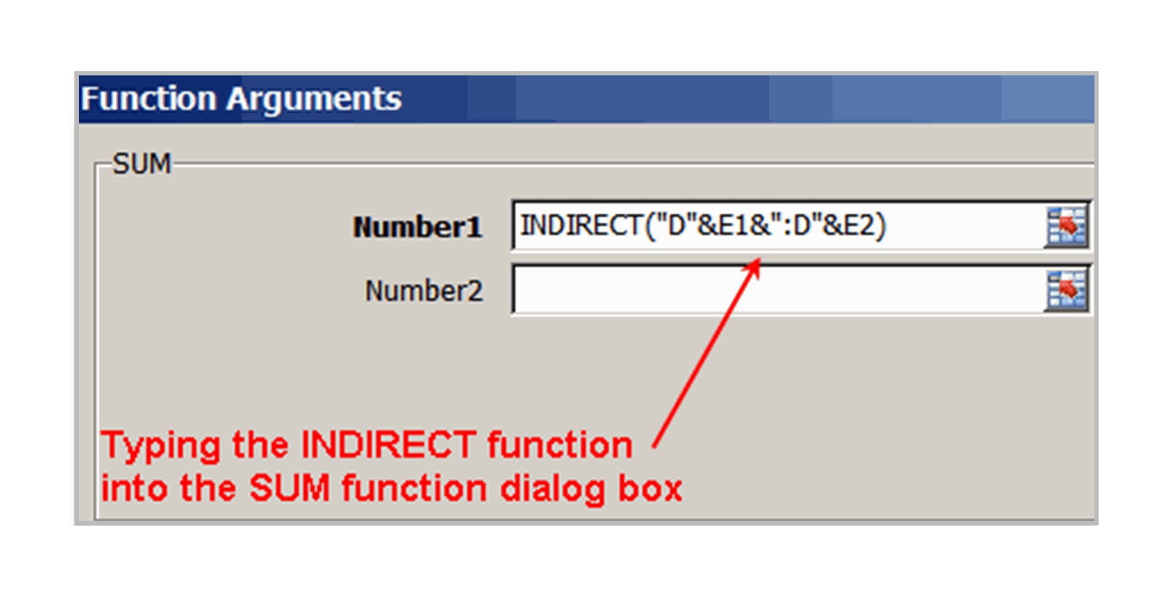 Sisäkkäisen INDIRECT-funktion syöttäminen Exceliin