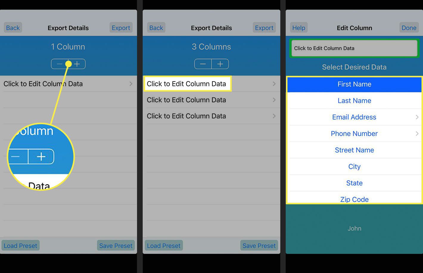 iPhone, jossa on vienti CSV-muotoon