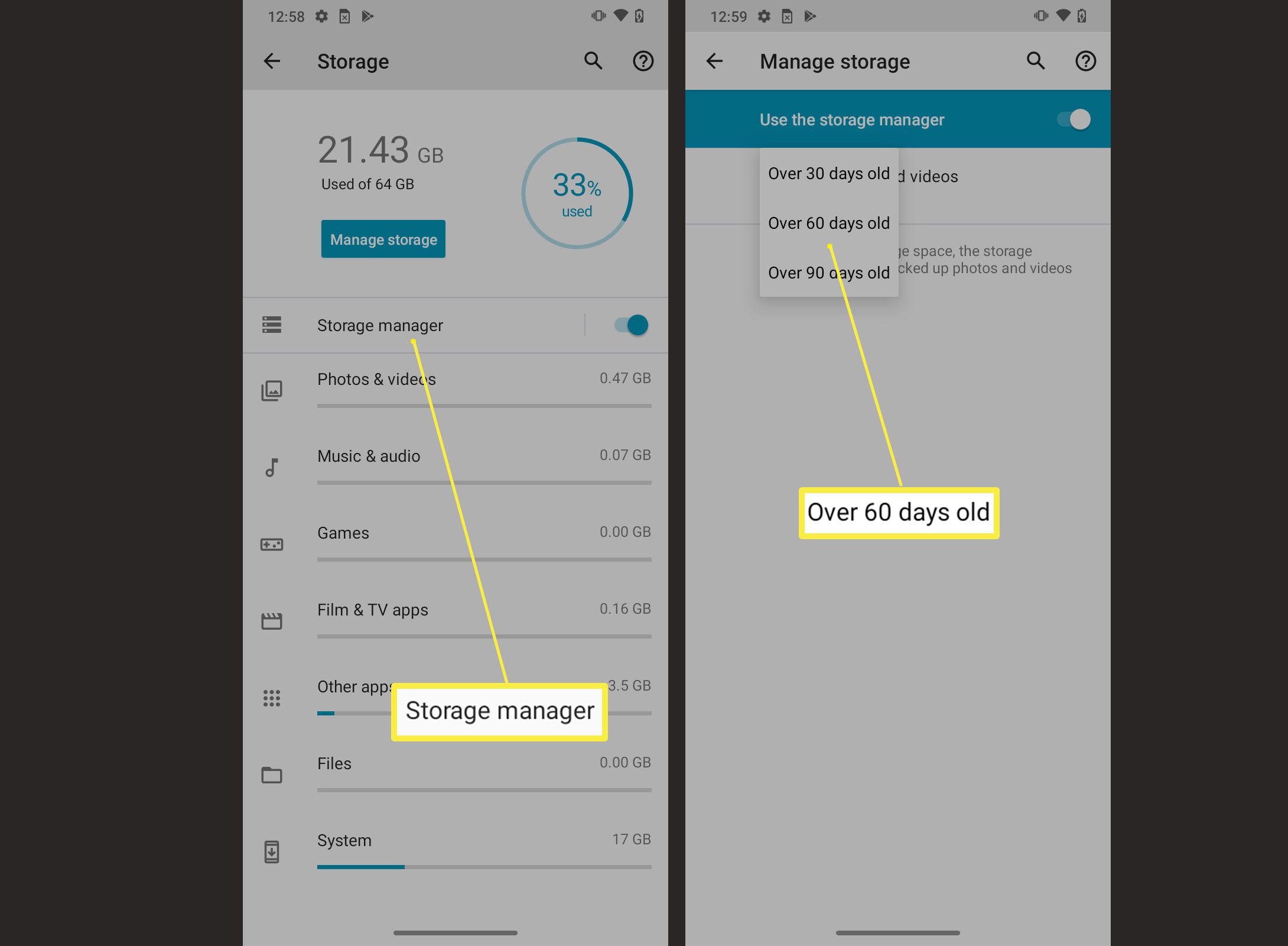 Vaadittavat vaiheet Storage Managerin asetusten mukauttamiseksi Androidissa