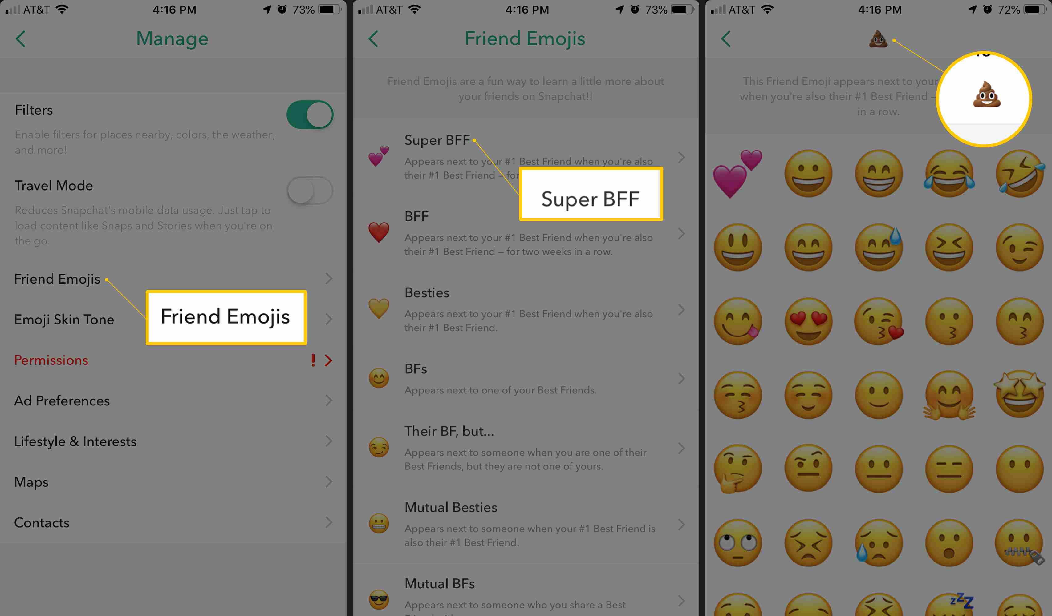 The Friend Emojis, Super BFF ja Pile of Poo emoji Snapchatissa