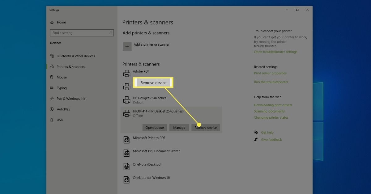 Poista laite Windows 10:n Tulostimet ja skannerit -kohdasta