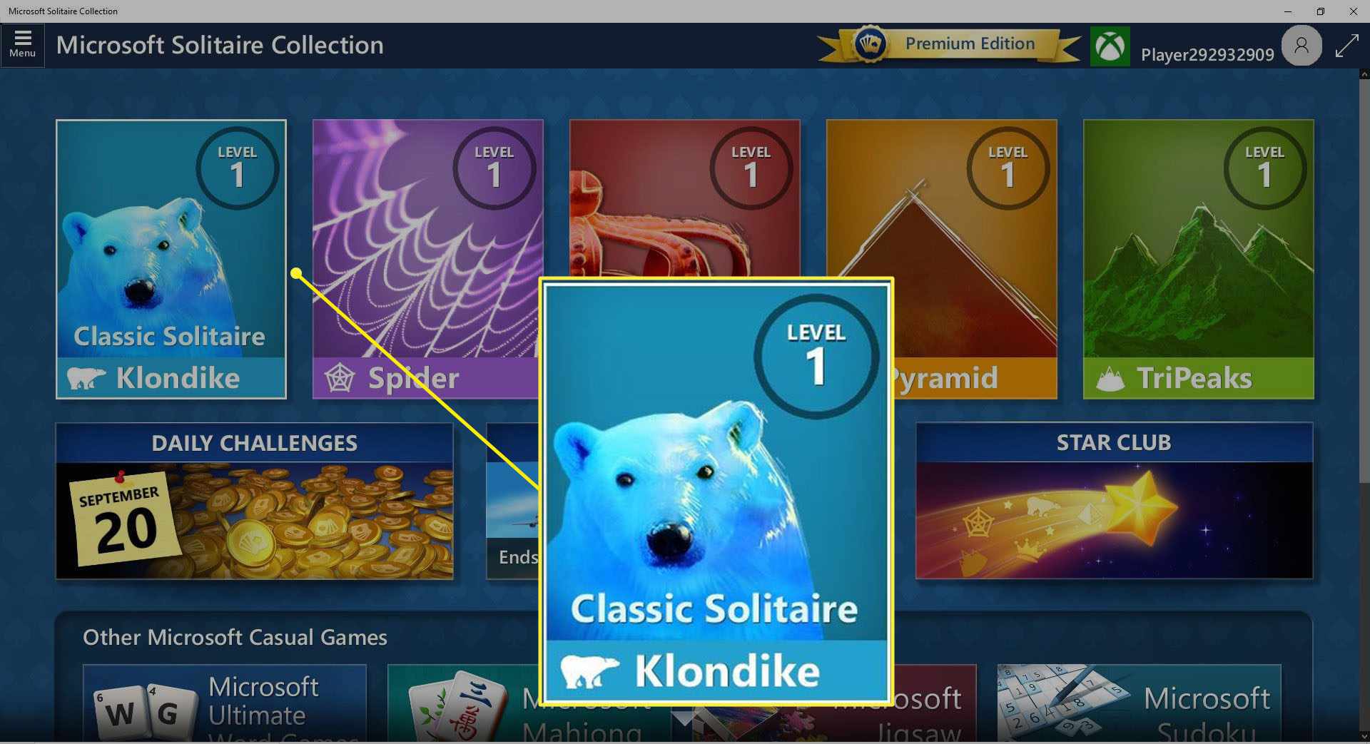 Kuvakaappaus Classic Solitairesta (Klondike) MS Solitaire -kokoelmassa